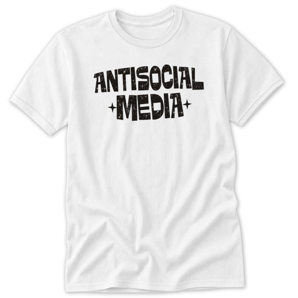 White t-shirt with black distressed text reading "ANTISOCIAL MEDIA"