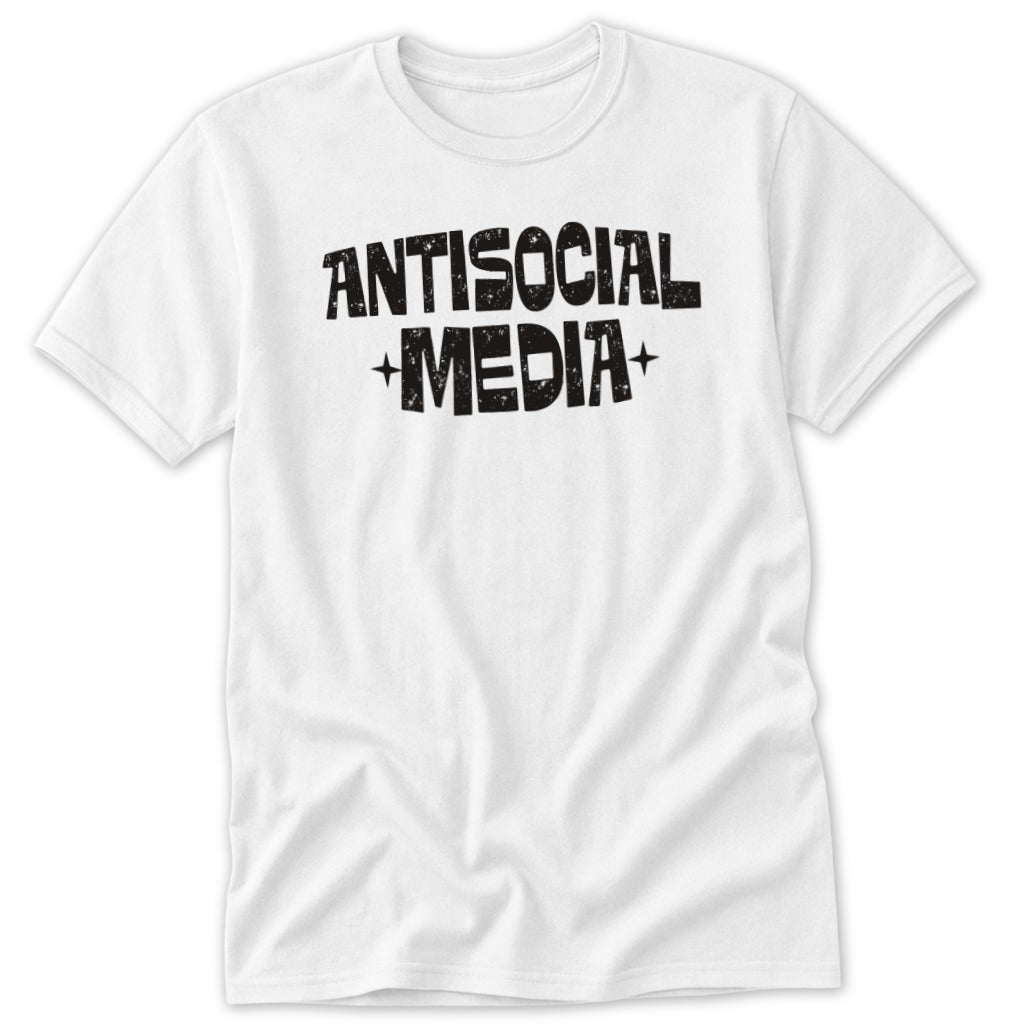 White t-shirt with black distressed text reading "ANTISOCIAL MEDIA"