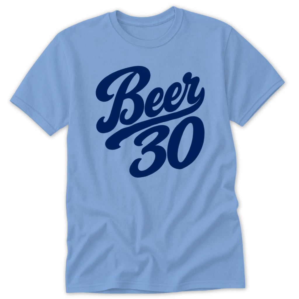 Light blue t-shirt with dark blue text "Beer 30" in a retro script font.