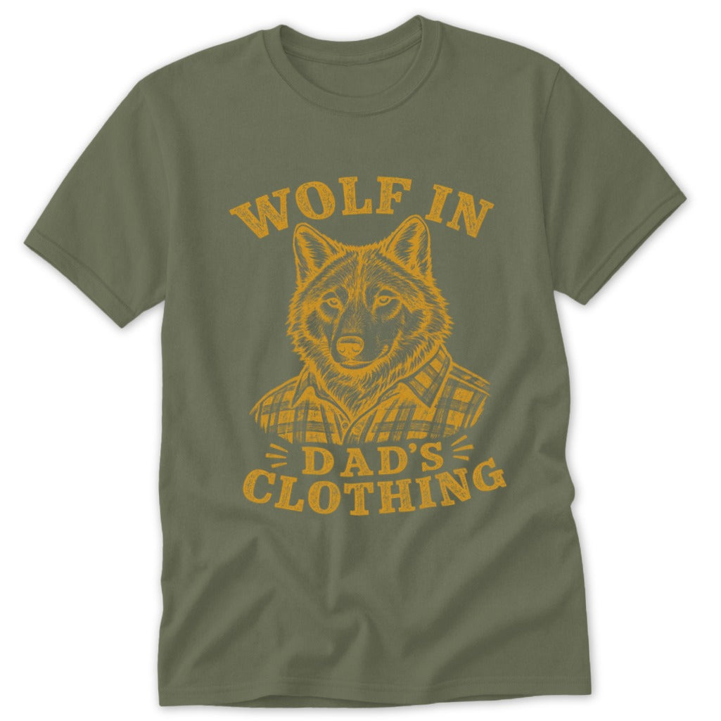 Green t-shirt with illustration of a wolf in plaid shirt and text "WOLF IN DAD'S CLOTHING".