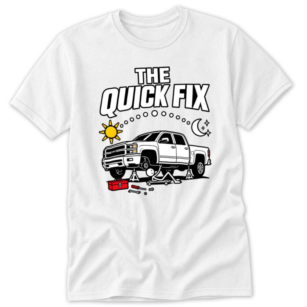 White t-shirt with graphic of a pickup truck being repaired with "The Quick Fix" text.