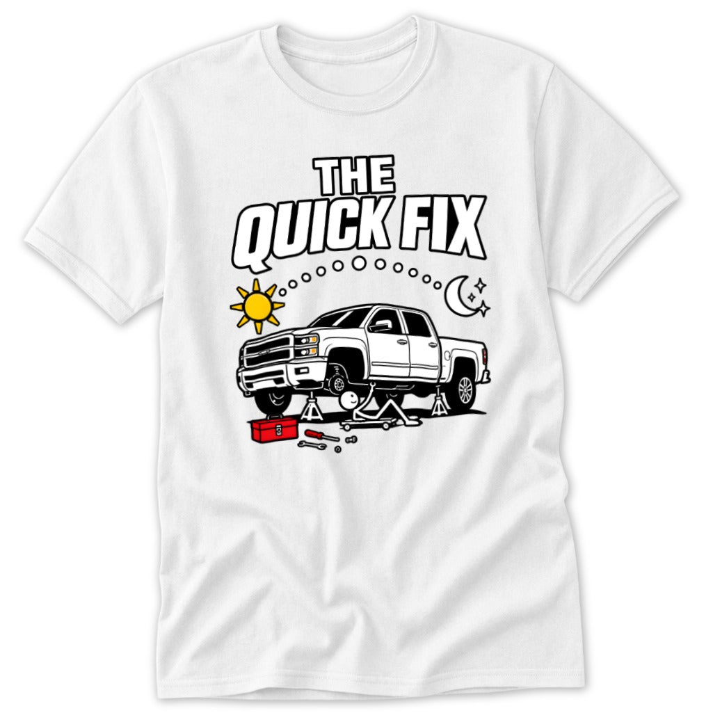 White t-shirt with graphic of a pickup truck being repaired with "The Quick Fix" text.