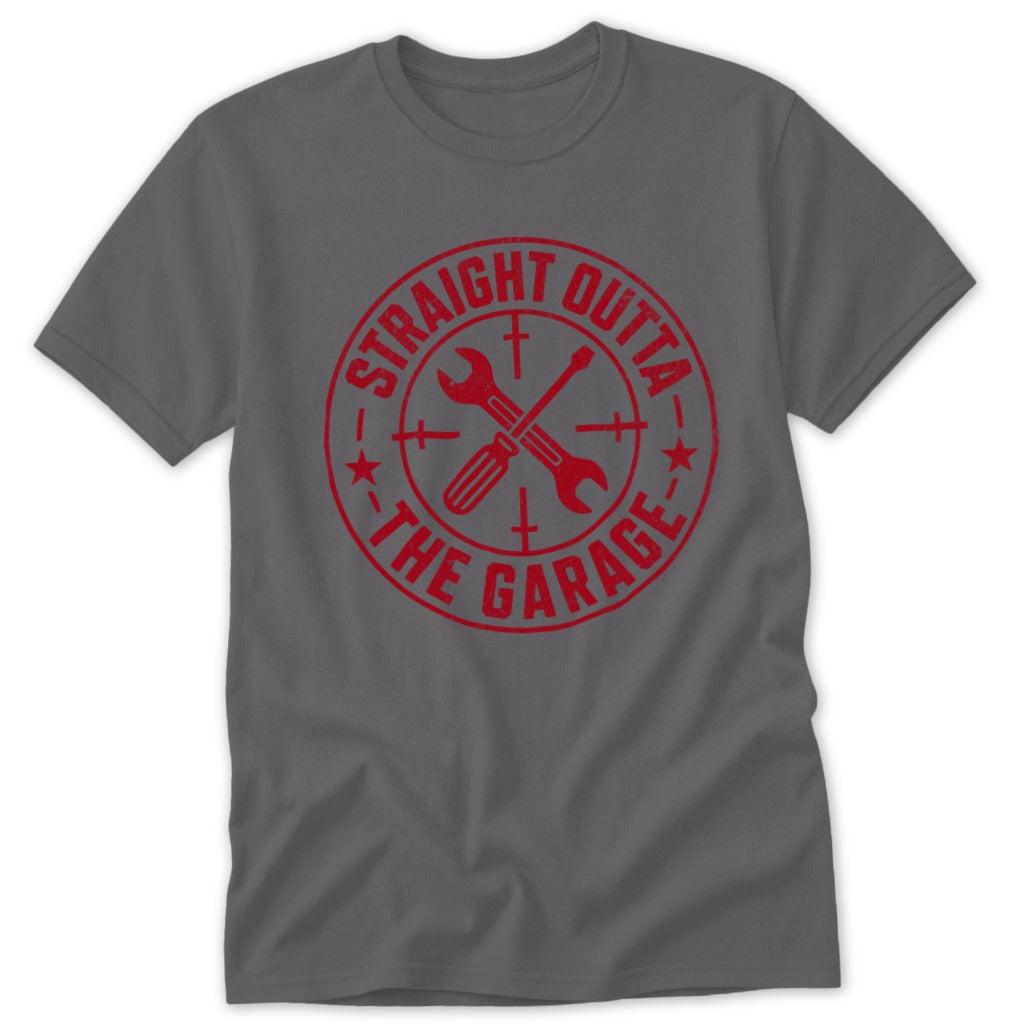 Gray t-shirt with a red distressed circular graphic saying "STRAIGHT OUTTA THE GARAGE" and crossed wrench and screwdriver.