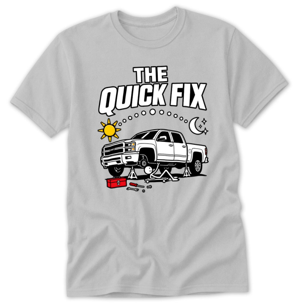 White pickup truck on jacks with toolbox, "The Quick Fix" text, sun, and moon.