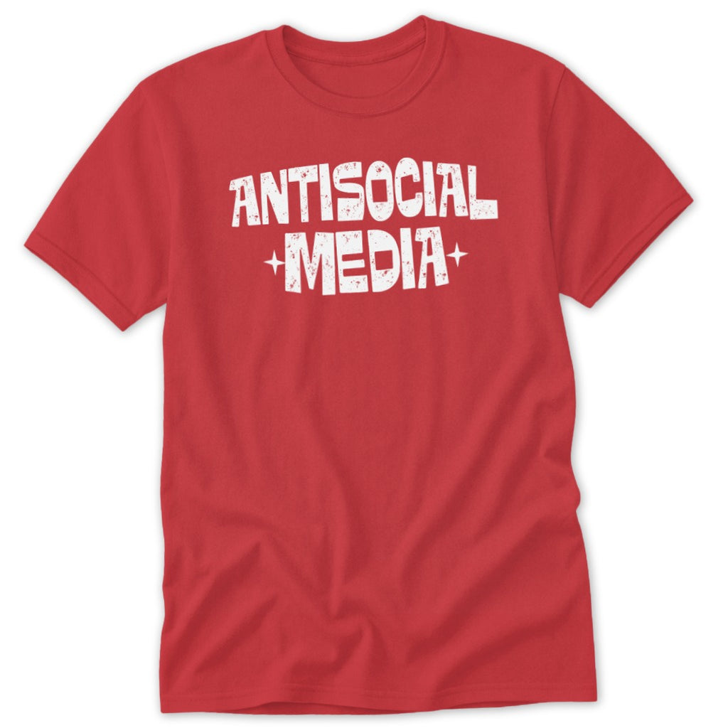 Red t-shirt with white text reading "ANTISOCIAL MEDIA" with plus signs.
