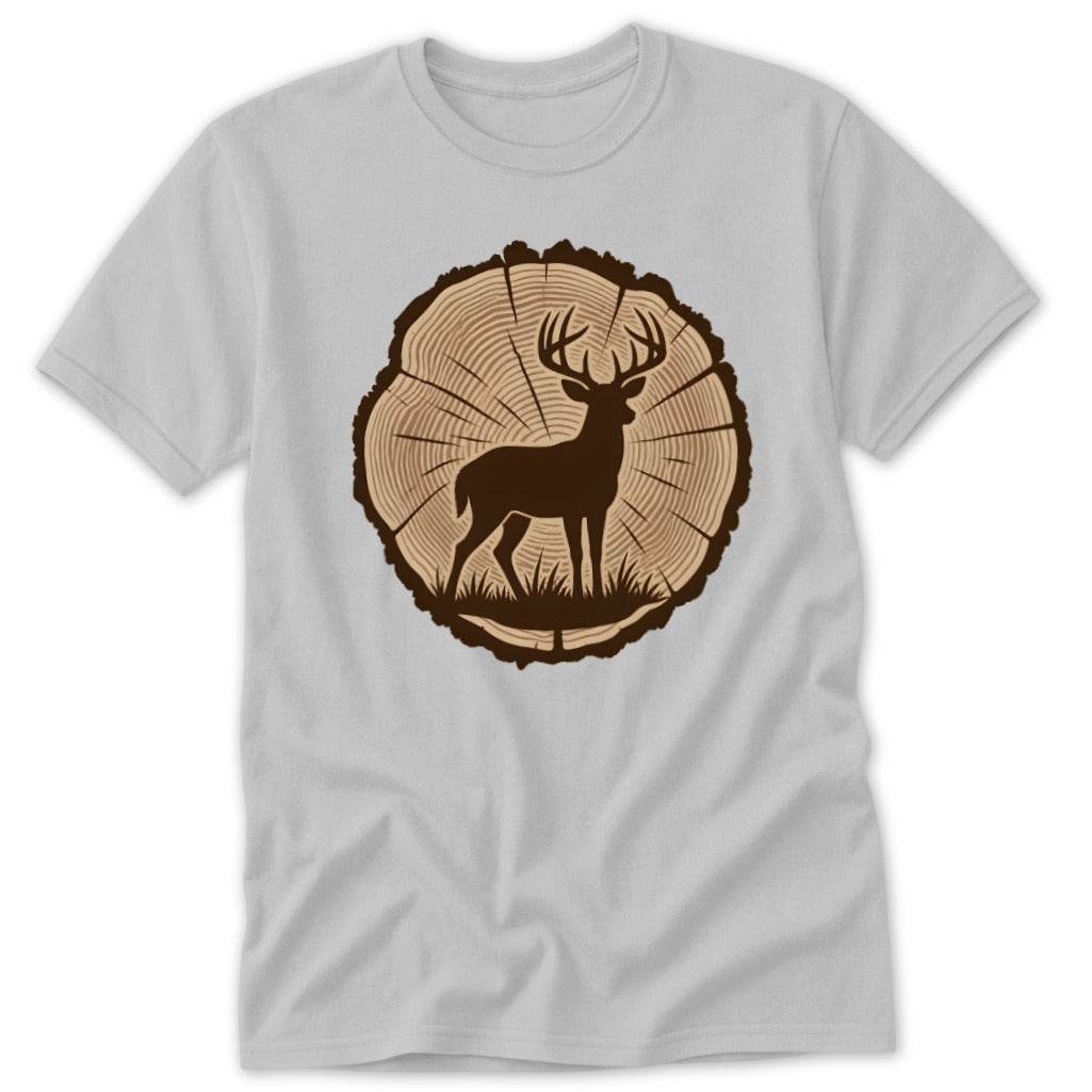 Light gray t-shirt featuring a brown graphic of a buck standing inside a tree cross-section.