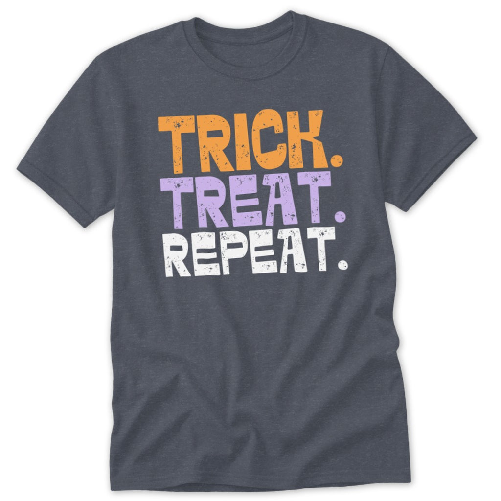 Dark gray t-shirt with orange, purple, and white text that says "TRICK. TREAT. REPEAT."