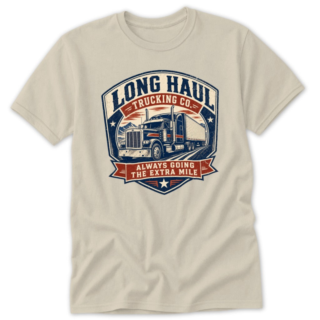 Beige short-sleeve t-shirt with a vintage-style graphic of a semi-truck and text reading Long Haul Trucking Co.