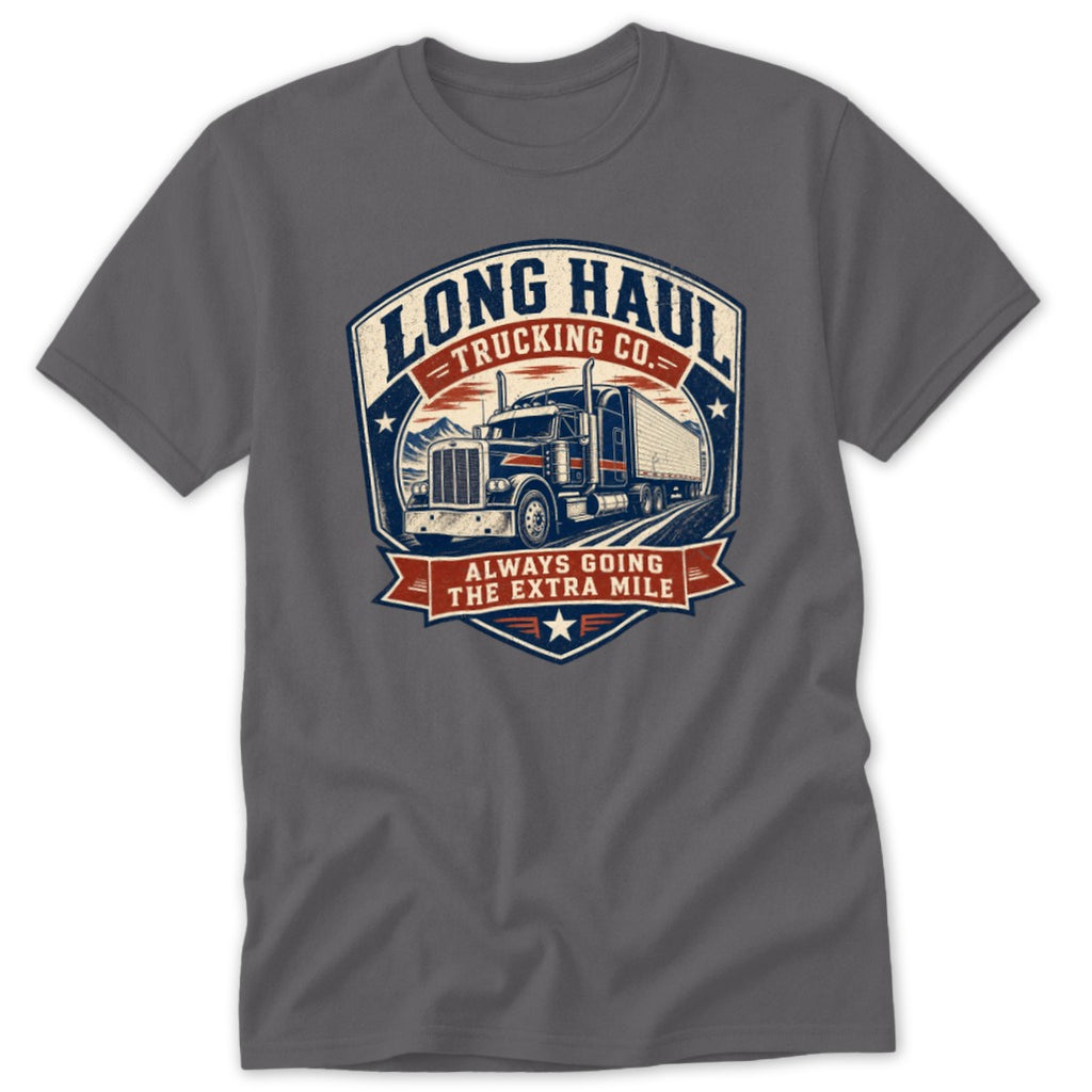 Charcoal gray t-shirt featuring a vintage truck graphic with the text Long Haul Trucking Co.