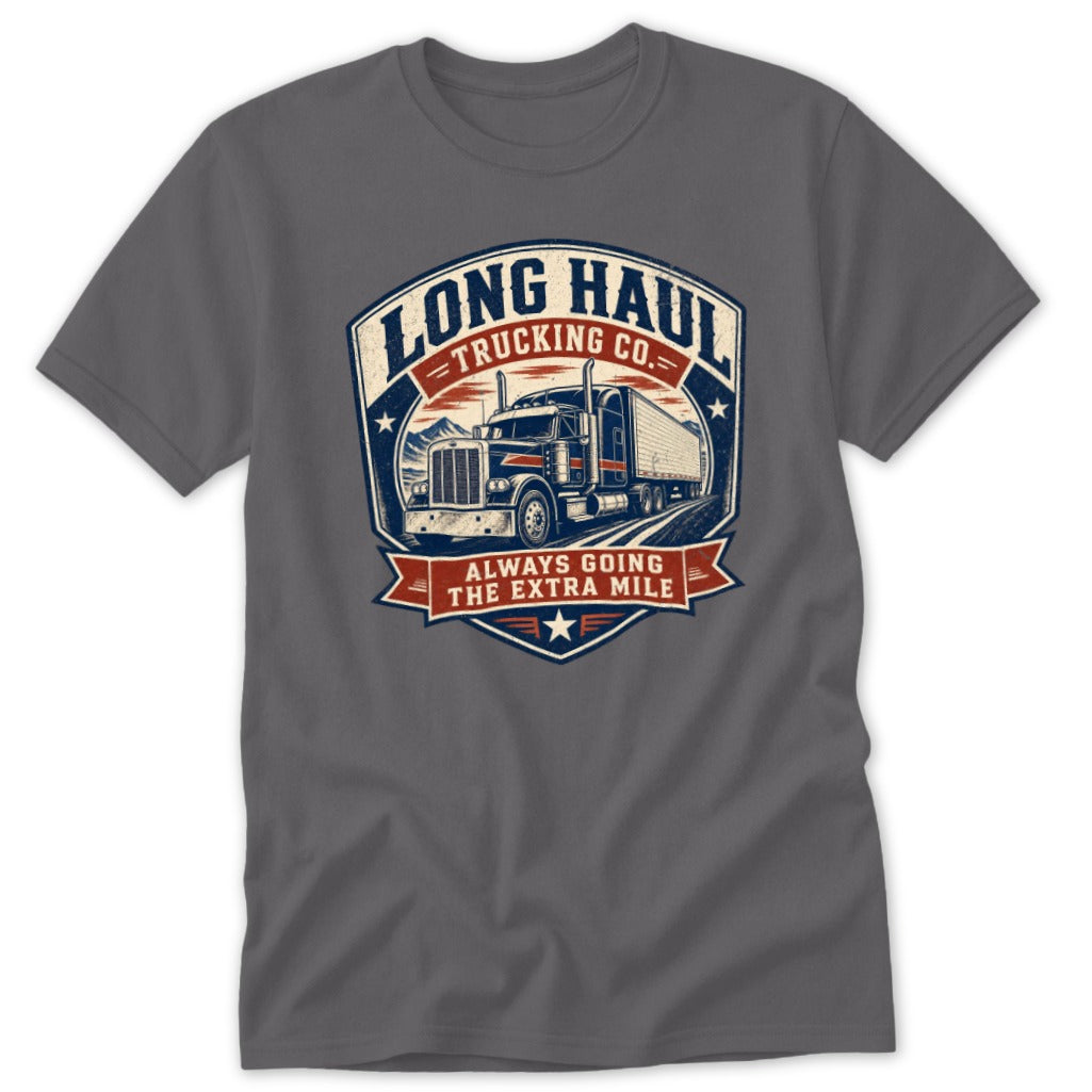 Charcoal gray t-shirt featuring a vintage truck graphic with the text Long Haul Trucking Co.