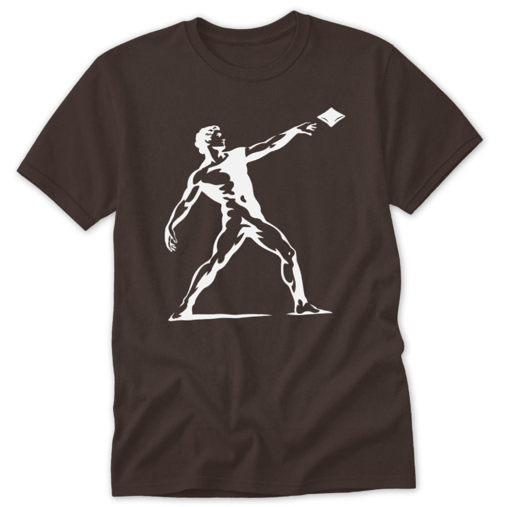 White silhouette of a muscular man throwing a small object on a brown t-shirt.