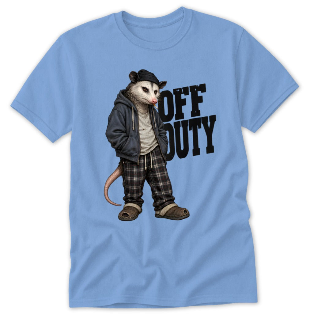 Opossum in beanie and hoodie with "OFF DUTY" text on a light blue shirt.