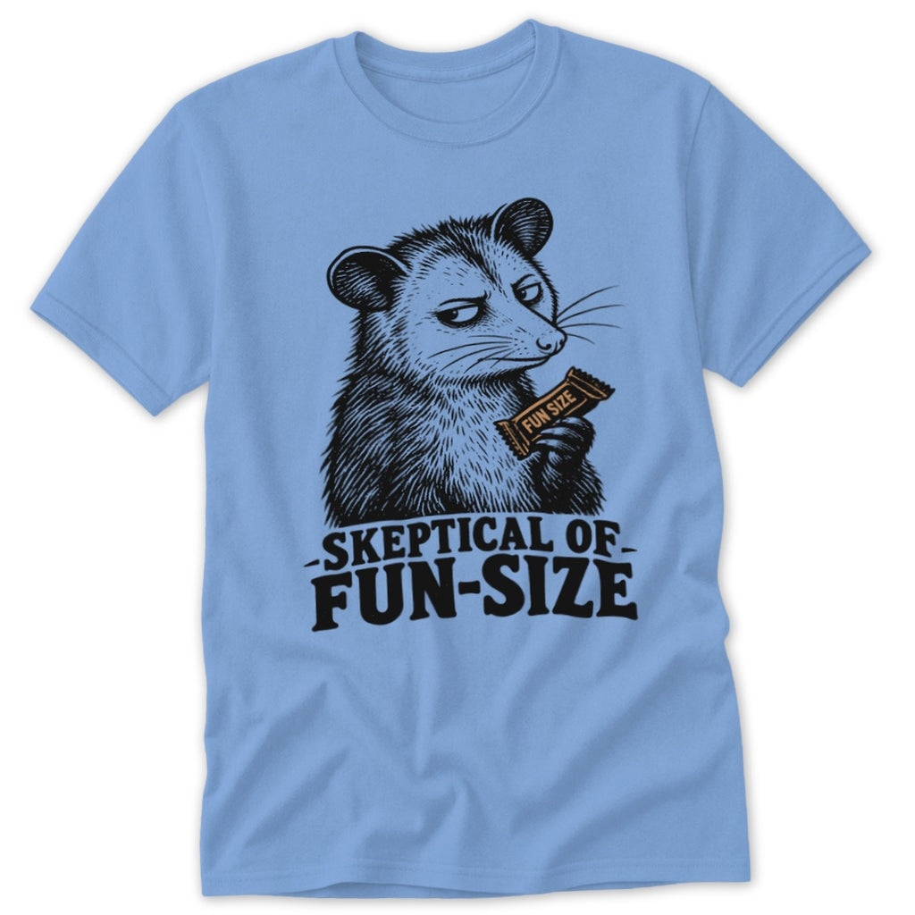 Opossum holding a fun-size candy bar, "Skeptical of Fun-Size".