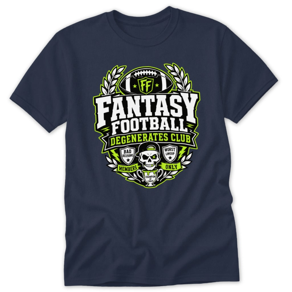 Navy blue t-shirt featuring a green and white fantasy football graphic with a skull and football.