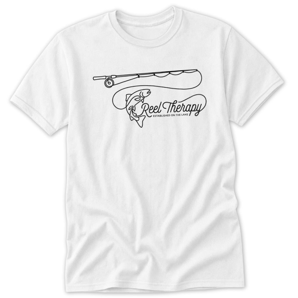 White t-shirt with "Reel Therapy" text and a fish graphic.