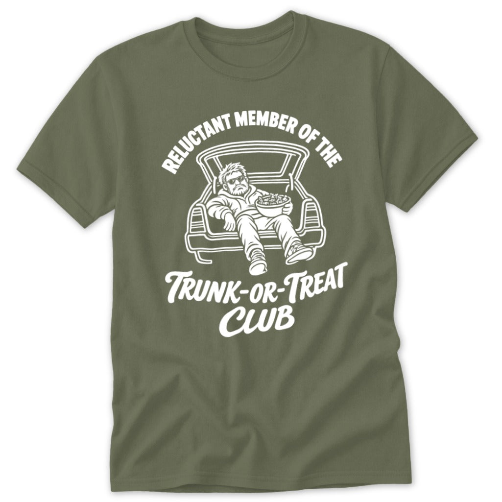 Graphic t-shirt with man in trunk holding candy, text "Reluctant Member of the Trunk-or-Treat Club".