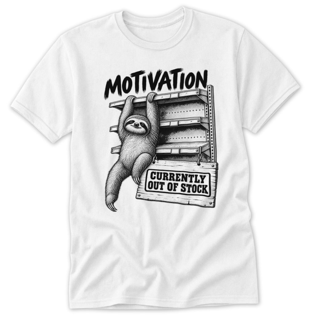 Sloth hanging from shelves with "Motivation Currently Out of Stock" sign.