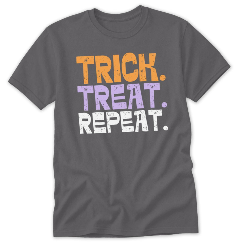 Dark grey t-shirt with "TRICK. TREAT. REPEAT." text in distressed orange, purple, and white.
