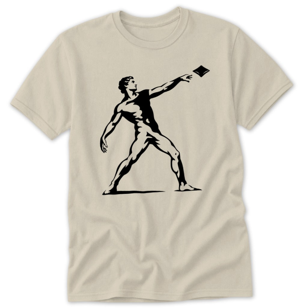 Black graphic of a muscular man throwing a square object on a tan t-shirt.