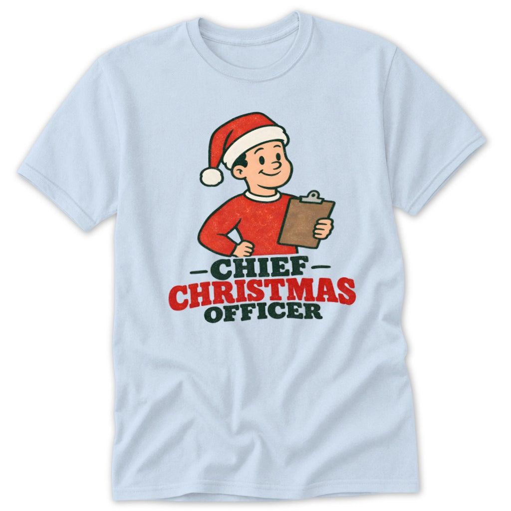 Cartoon boy in Santa hat holding clipboard, "Chief Christmas Officer" text.