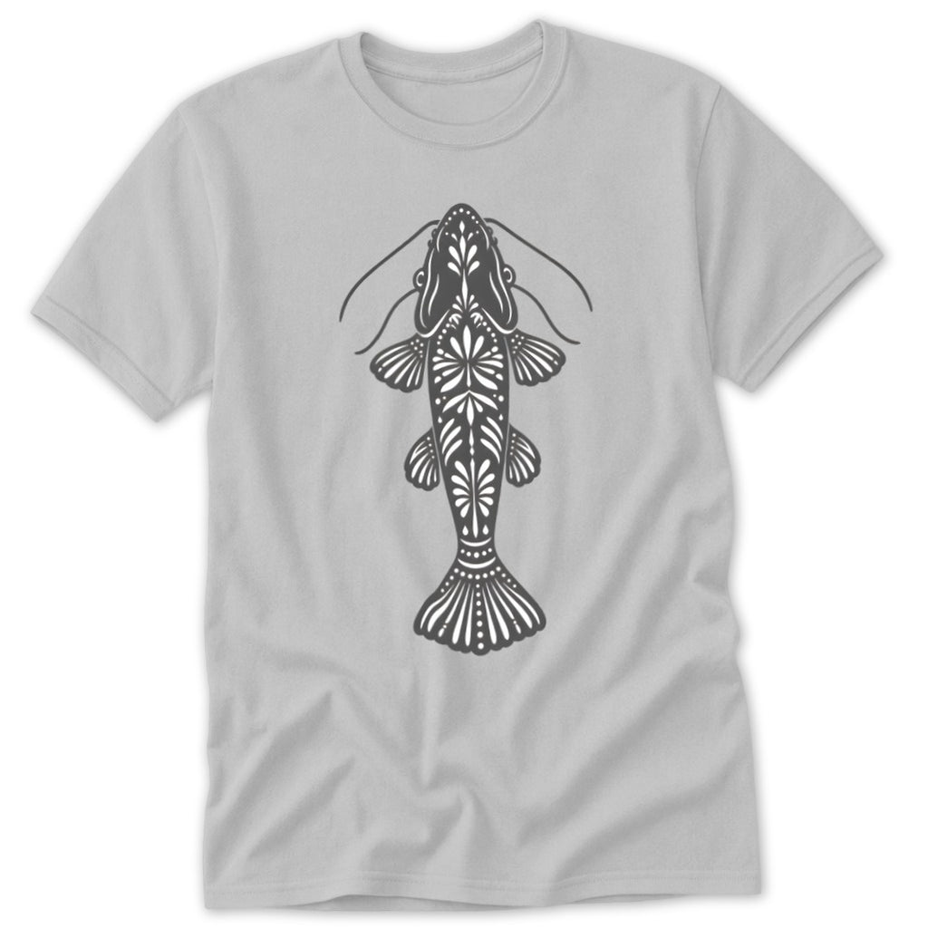 Light gray t-shirt with a black, decorative catfish graphic on the front.