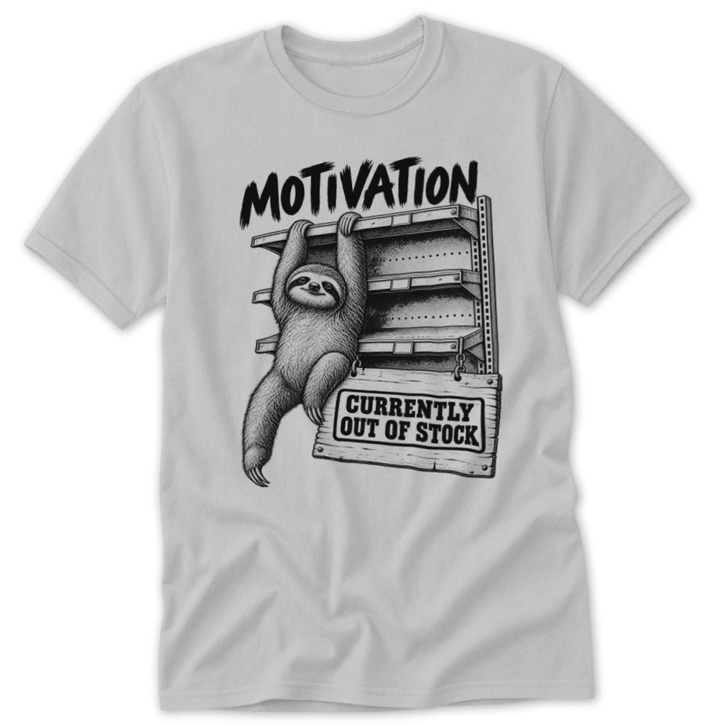 Sloth hanging from shelves with "MOTIVATION" and "CURRENTLY OUT OF STOCK" text.