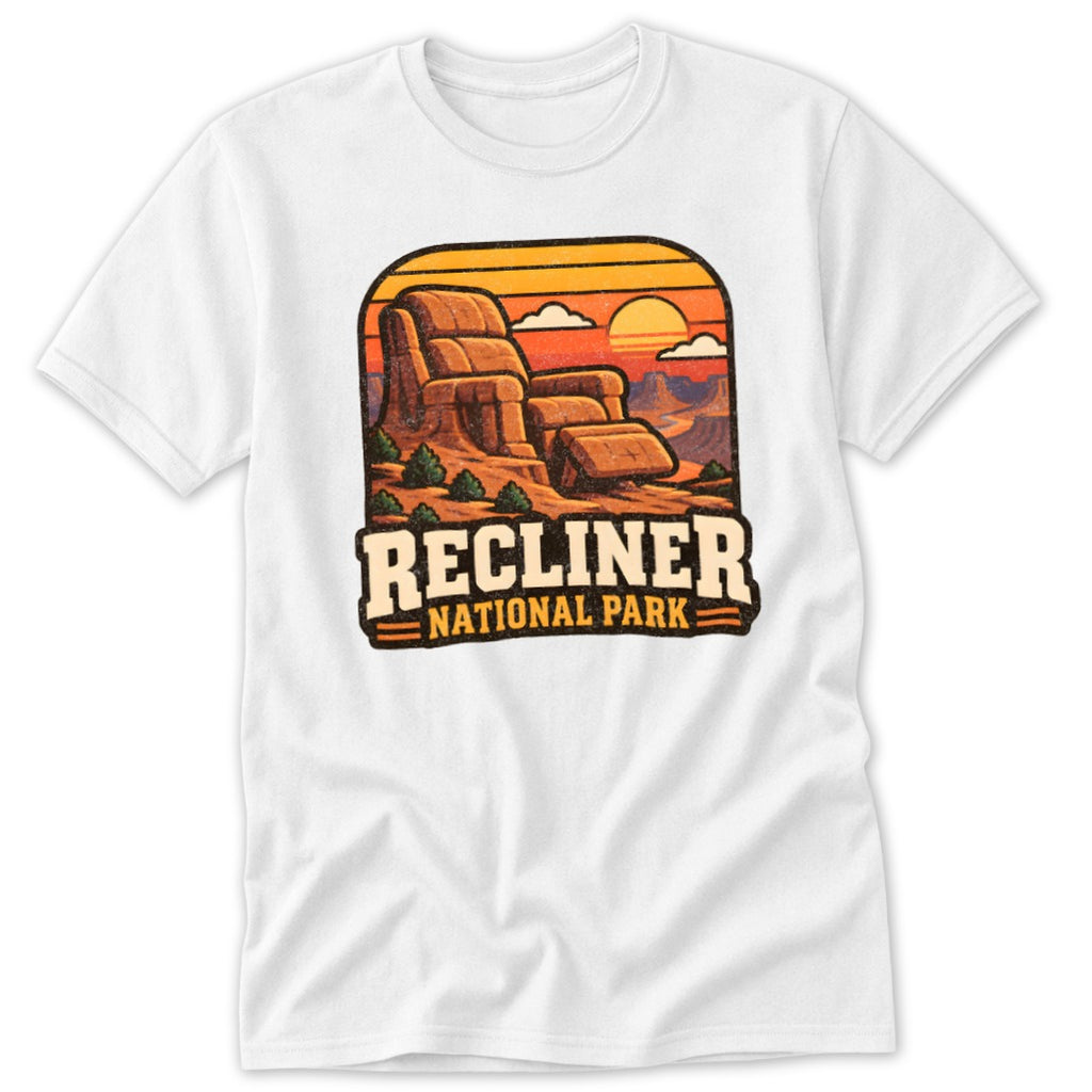 "Recliner National Park" graphic on a white t-shirt.