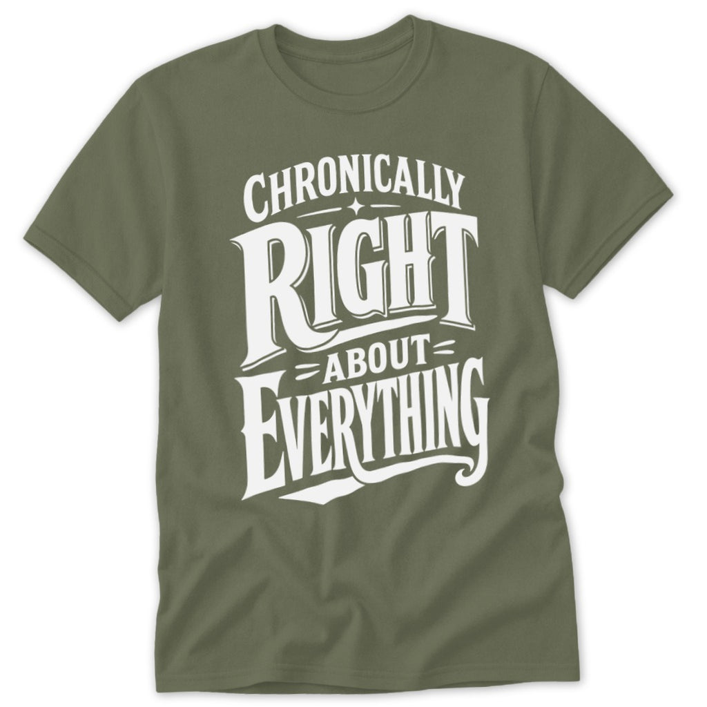 Olive green t-shirt with white text reading Chronically Right About Everything on the chest.