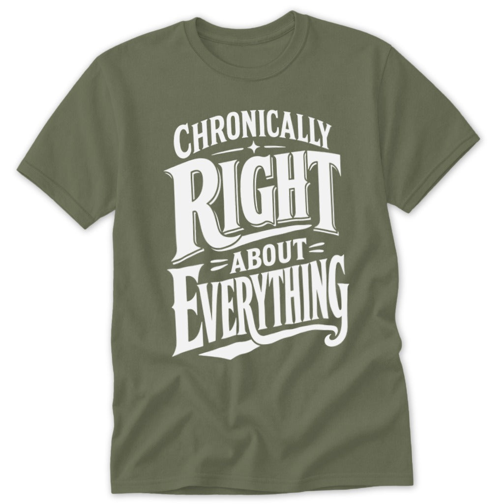 Olive green t-shirt with white text reading Chronically Right About Everything on the chest.