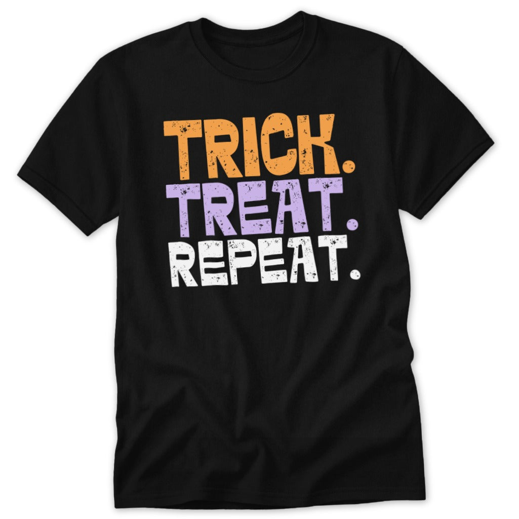 Black t-shirt with orange, purple, and white text reading "Trick. Treat. Repeat."