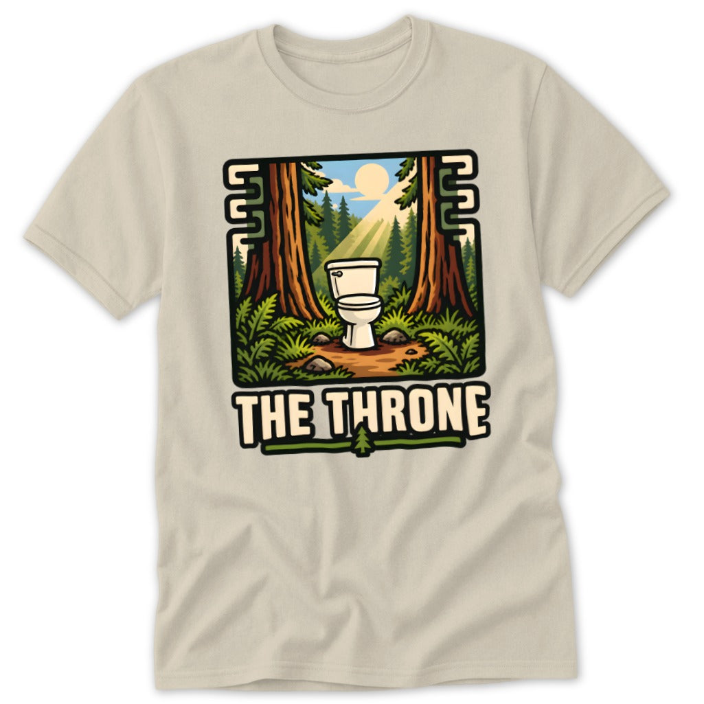 Toilet in a forest clearing under a sunlit sky with text "The Throne".