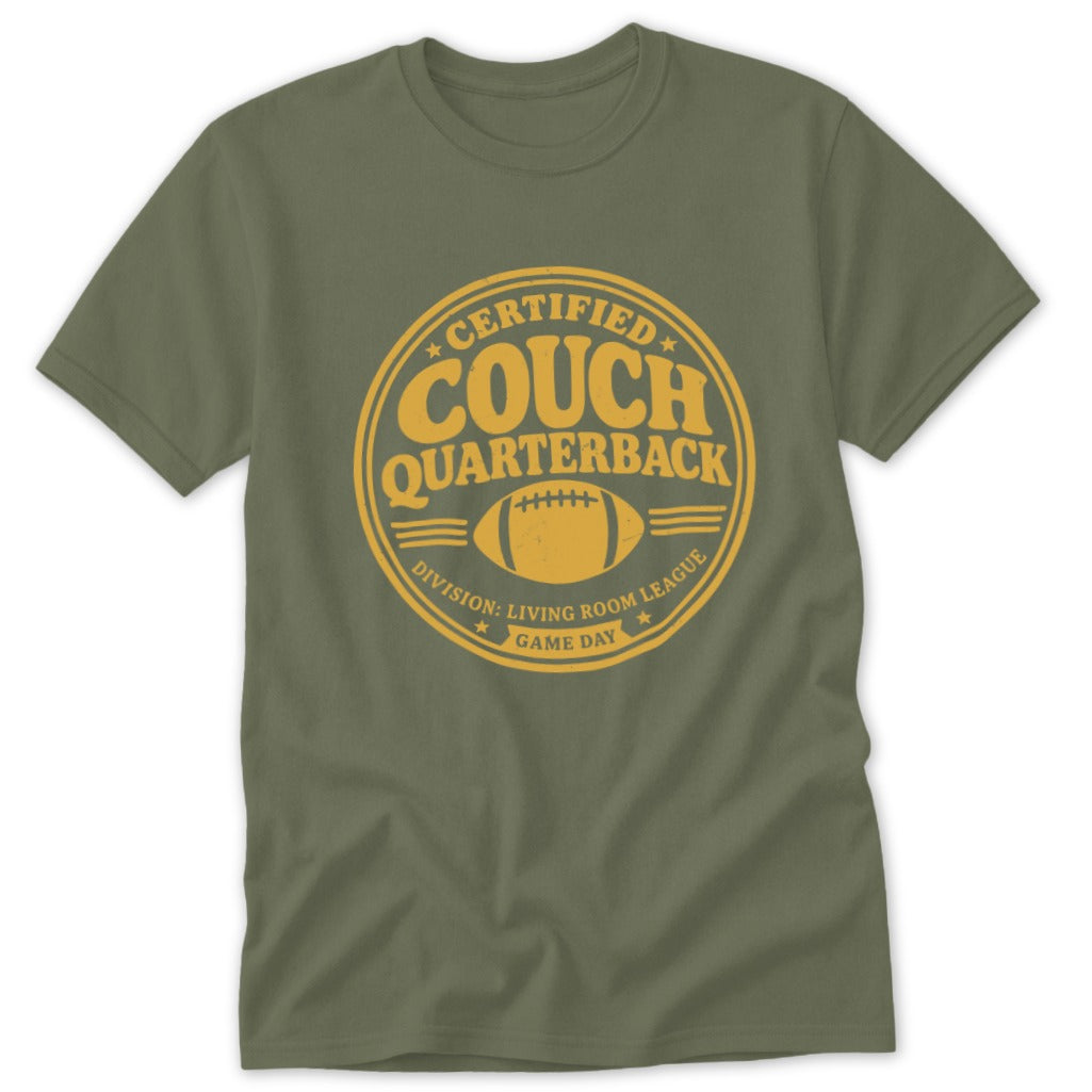 Olive t-shirt with "Certified Couch Quarterback" text and football graphic.