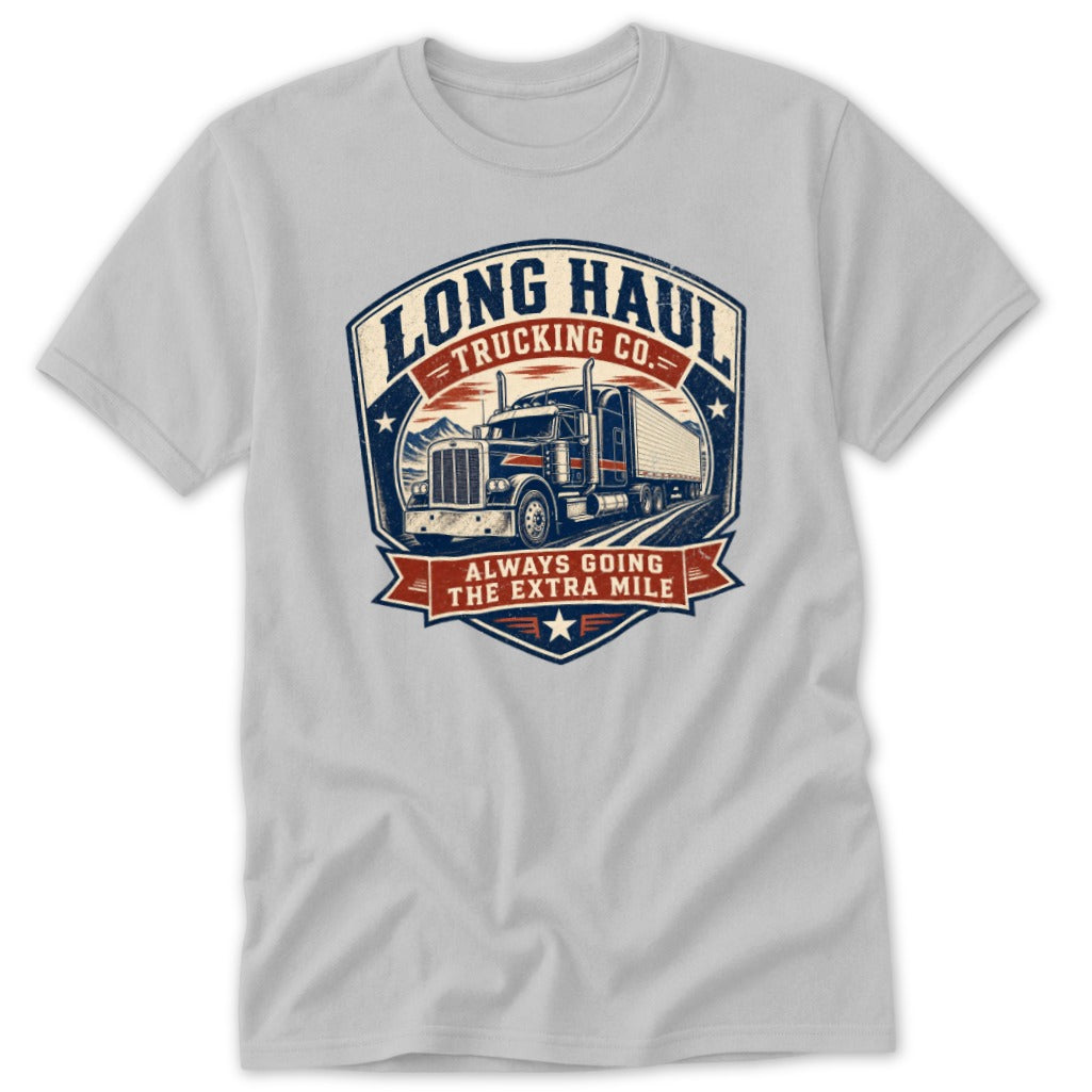 Light gray short-sleeved t-shirt featuring a distressed vintage graphic of a semi-truck with text reading Long Haul Trucking Co.