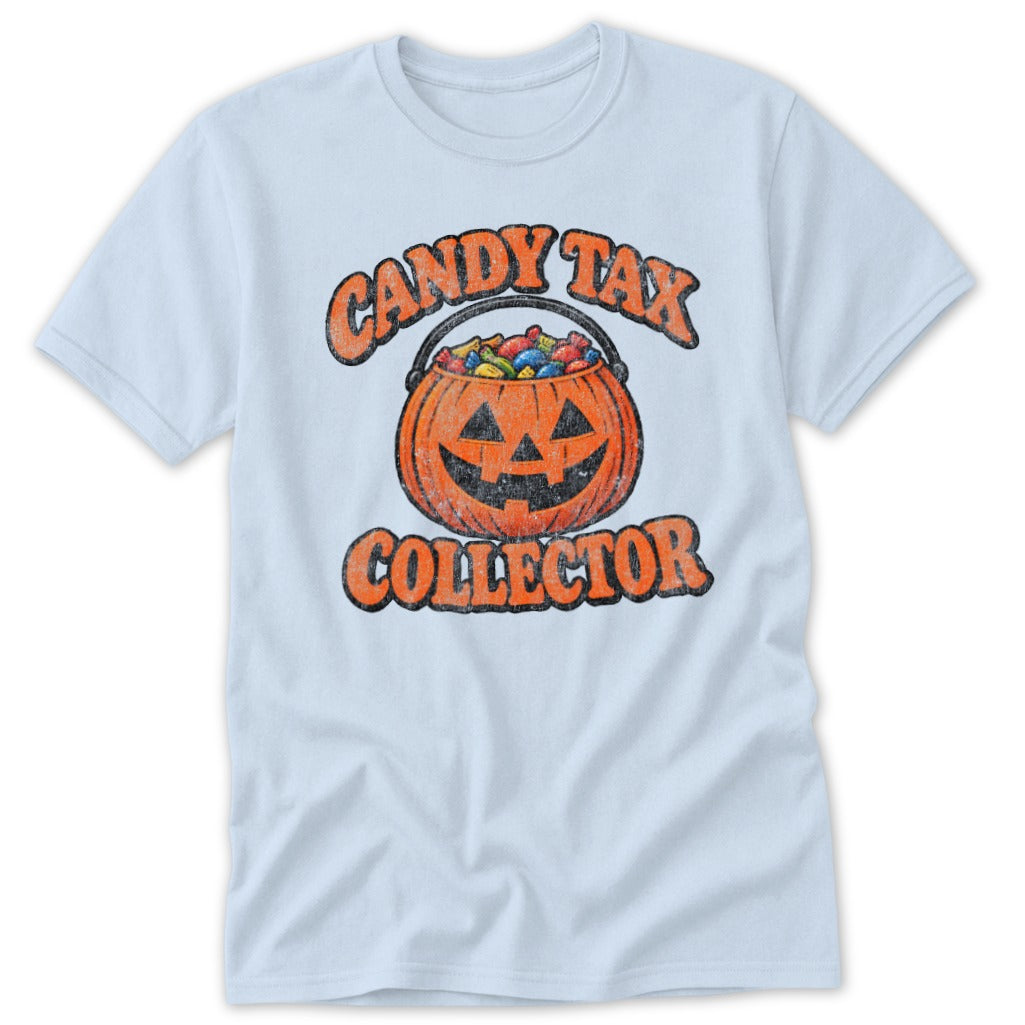 Light blue t-shirt with "Candy Tax Collector" text and jack-o'-lantern filled with candy.