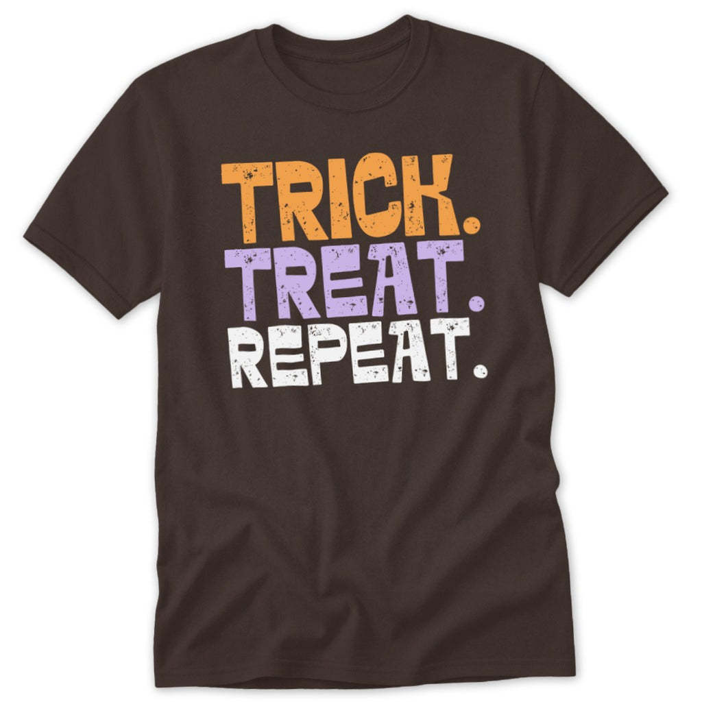 Brown t-shirt with orange, purple, and white text reading "Trick. Treat. Repeat."