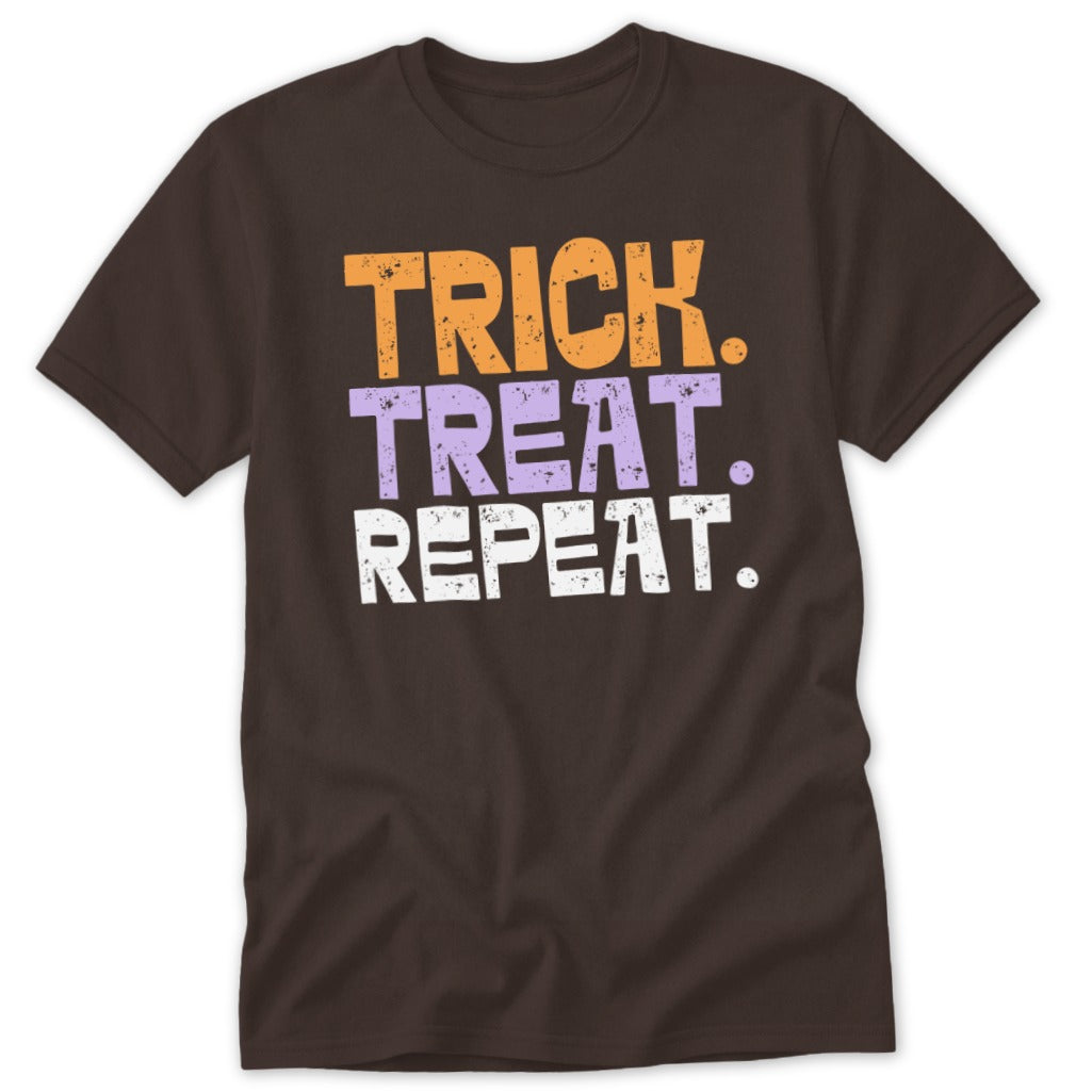 Brown t-shirt with orange, purple, and white text reading "Trick. Treat. Repeat."