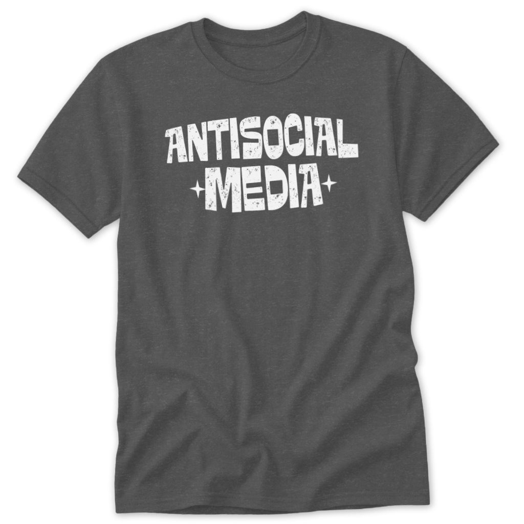 Dark gray t-shirt with white text "ANTISOCIAL MEDIA" and plus signs.