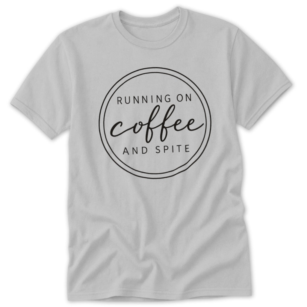 Light grey short-sleeved t-shirt featuring a black circular graphic with the text Running on Coffee and Spite.