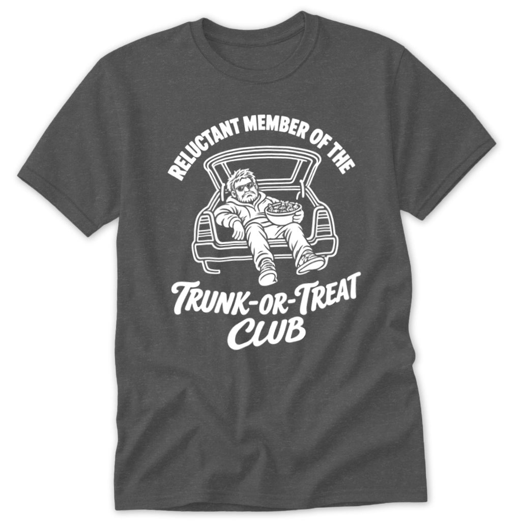 Dark grey t-shirt with white text and graphic of a man in a car trunk holding candy.