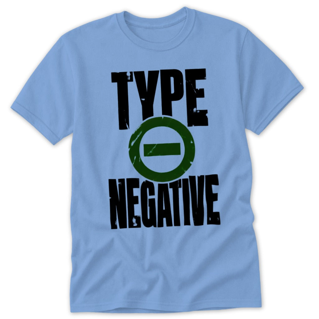 Light blue t-shirt with black "TYPE" and "NEGATIVE" text, and a green circle logo.