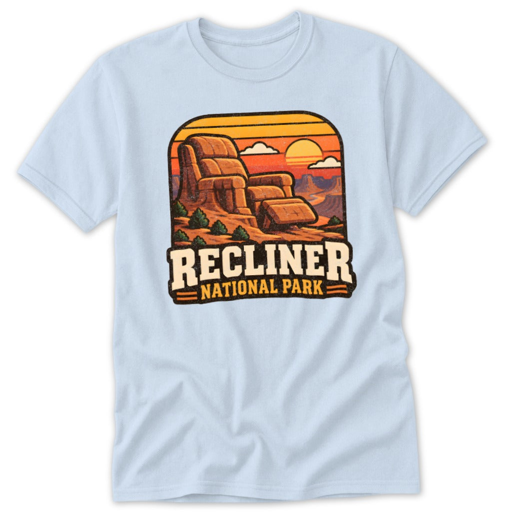 Graphic design of a rock formation resembling a recliner with text "RECLINER NATIONAL PARK".
