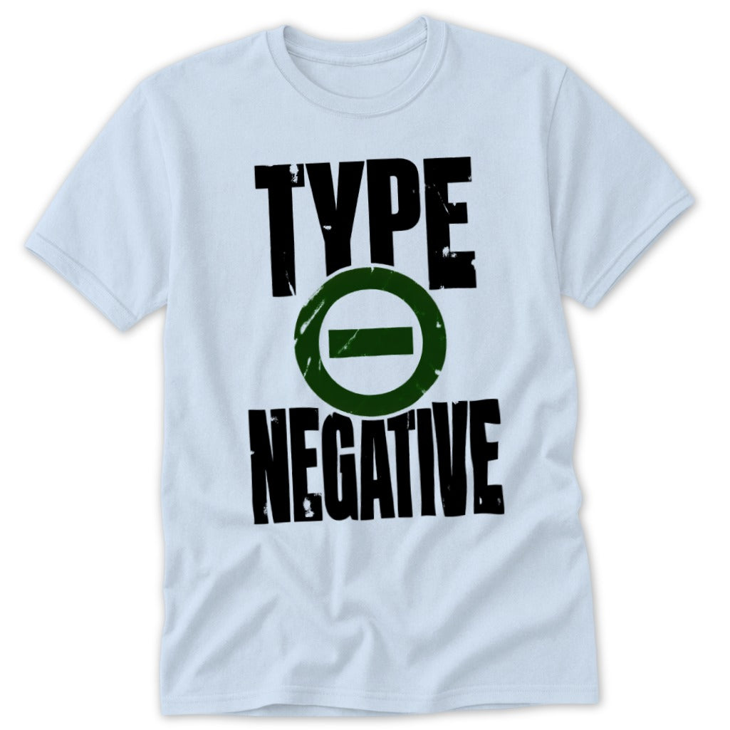 Pale blue t-shirt with black "TYPE O NEGATIVE" text and green circle logo.