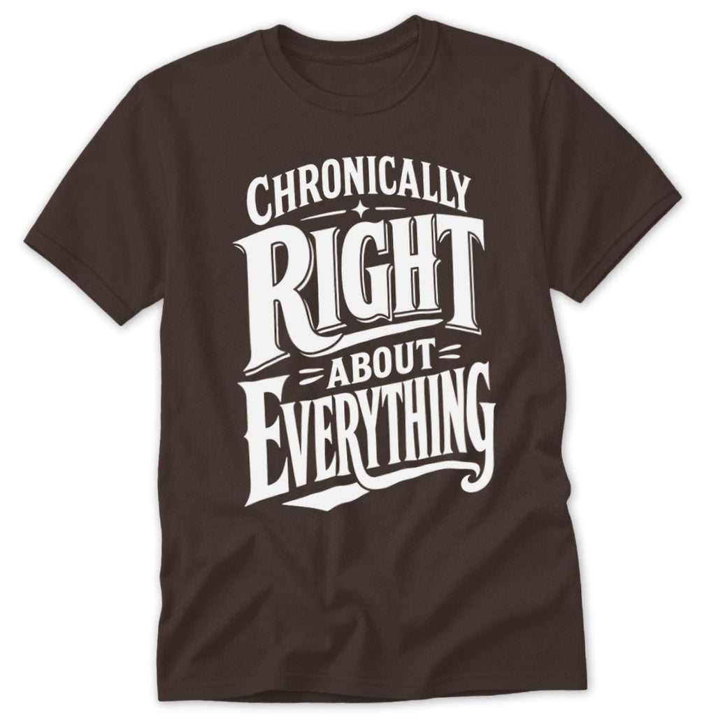 Dark brown t-shirt featuring the white text Chronically Right About Everything in stylized lettering.