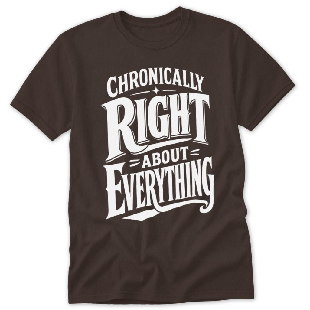 Dark brown t-shirt featuring the white text Chronically Right About Everything in stylized lettering.
