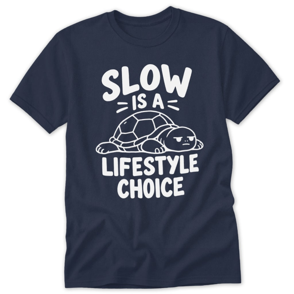 Dark blue short-sleeved t-shirt featuring a white graphic of a turtle and text reading Slow is a lifestyle choice.