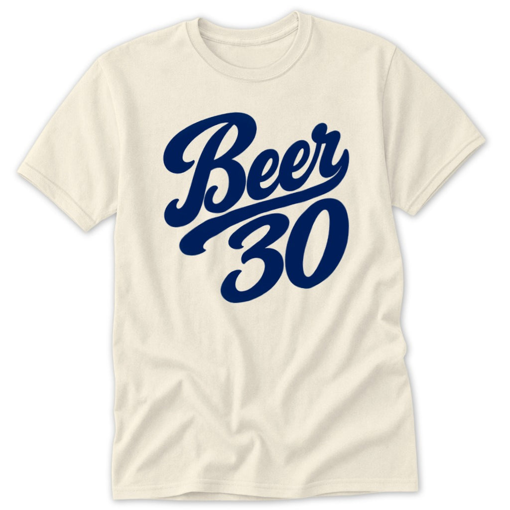 Cream t-shirt with navy blue "Beer 30" graphic in script font.