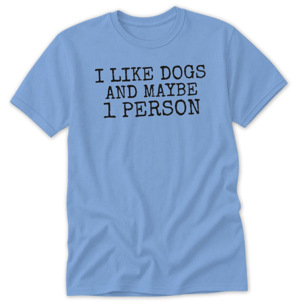 Light blue t-shirt with black text reading "I LIKE DOGS AND MAYBE 1 PERSON".
