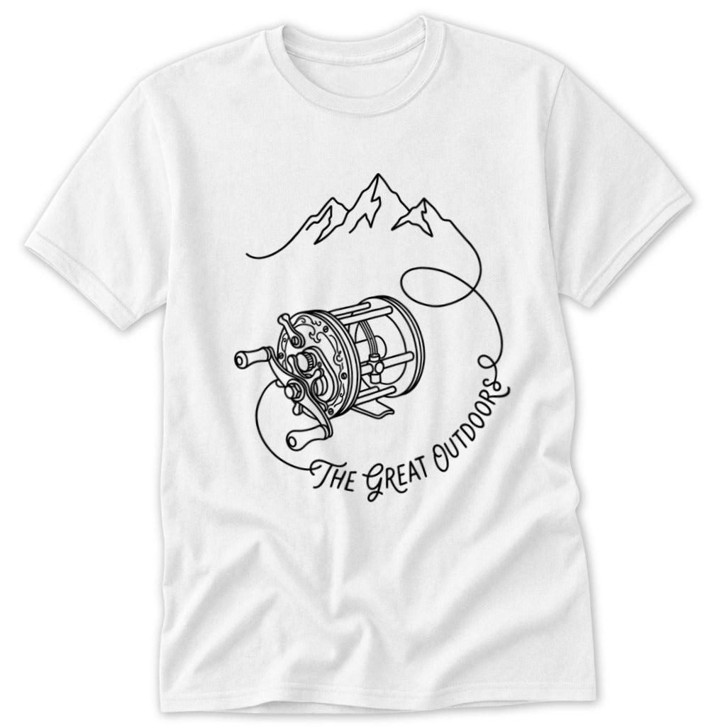 White t-shirt with line drawing of fishing reel, mountains, and "The Great Outdoors" text.