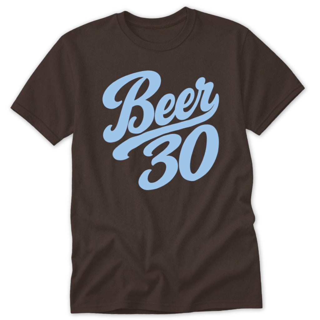 Brown t-shirt with light blue "Beer 30" text graphic.
