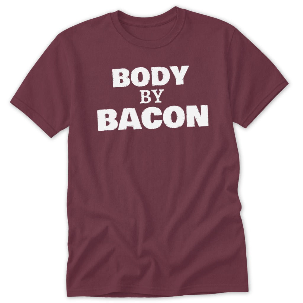 Maroon t-shirt with white text "BODY BY BACON"